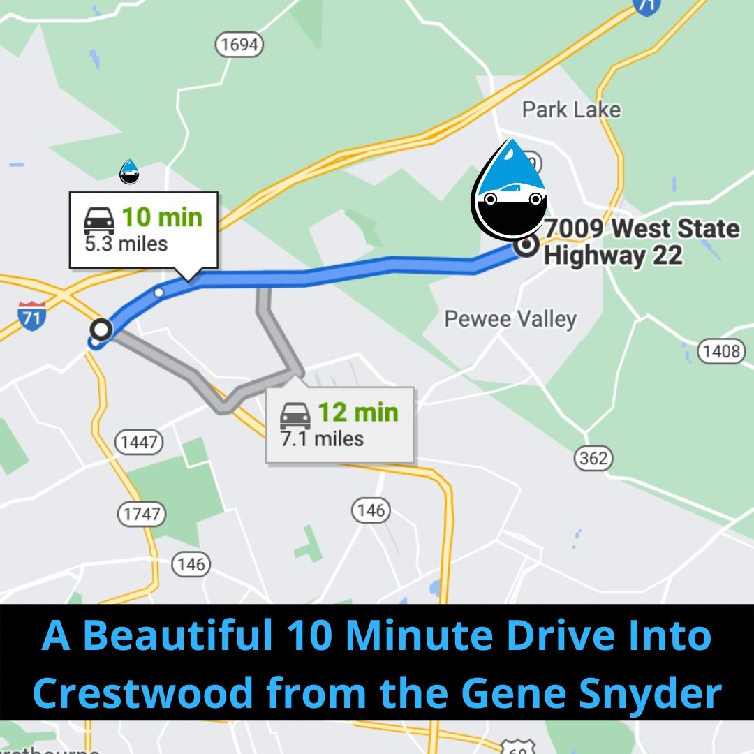 Map: a 10 minute drive into Crestwood from the Gene Snyder